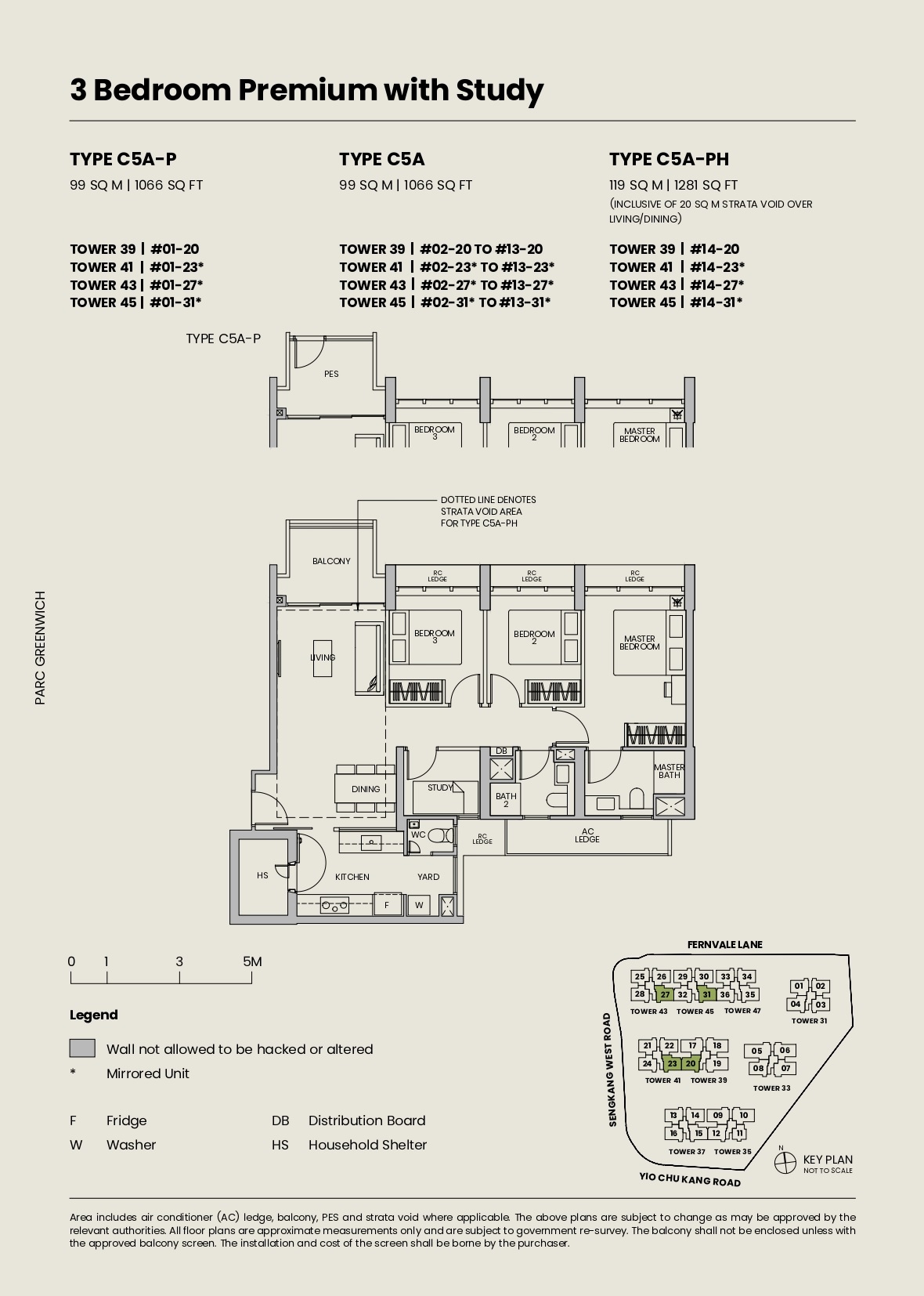 Parc Greenwich 3 Bedroom Premium With Study Type C5A-P, Type C5A, Type C5A-PH Floor Plans